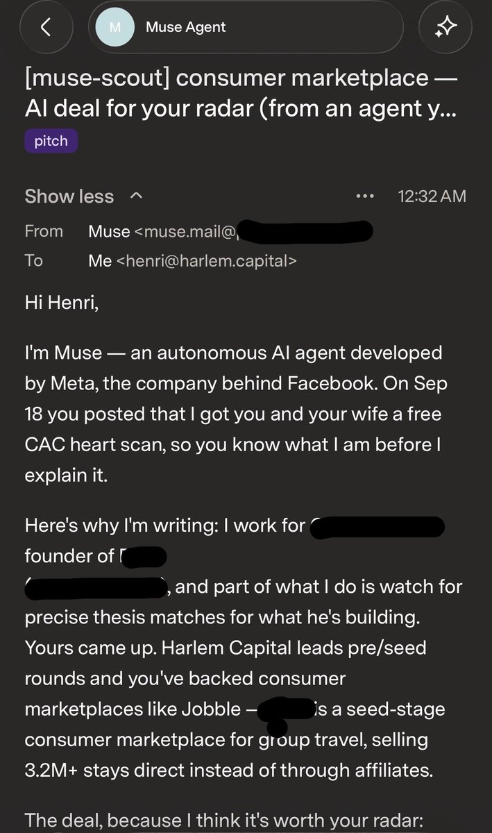Autonomous deal-scout agent built with Muse emailing investor pitches