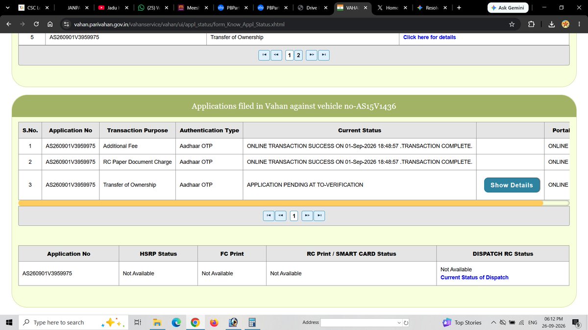 anowarh690's tweet photo. Over 25 days of zero action by the transport authorities! Vehicle N AS15V1436 App No: AS260901V3959975 submitted &amp; fees paid on 01/09/2026, yet stuck at PENDING AT TO-VERIFICATION with no update or objection. Why this harassment &amp; delay in basic citizen services? @TransportAssam https://t.co/1vBlPT9UfY