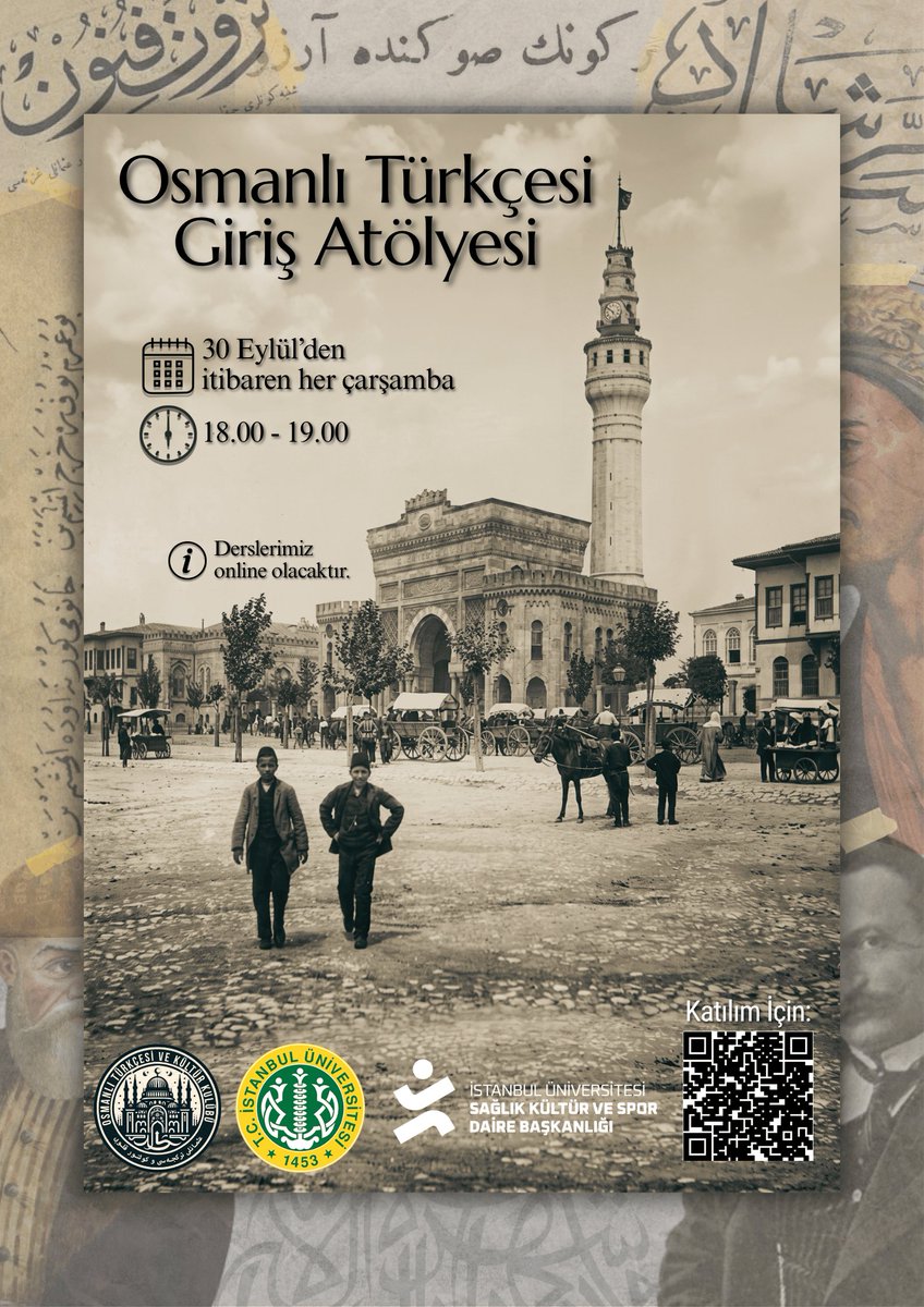 iu_osmanlica's tweet photo. Osmanlı Türkçesi Giriş Atölyesi; Osmanlı Türkçesine sıfırdan başlamak isteyen, temel seviyedeki bilgisini geliştirmeyi arzulayan veya üniversitede aldığı dersleri pekiştirmek isteyen öğrenciler için hazırlanmıştır. 

Alfabeden başlayacağımız atölye sürecinde, adım adım ilerleyerek Arap harfli metinleri latinize etme (çeviriyazı) aşamasına geleceğiz. Çevrim içi (online) olarak haftalık konu takvimiyle yürütülecek eğitim sonunda, Osmanlı döneminde basılmış matbu eserleri büyük oranda okuyup anlayabilecek düzeye ulaşacaksınız.

Kulübümüzün resmi portalından sınırlı kontenjanlı atölyemize başvurabilirsiniz.

https://t.co/CCbUVtbLMm