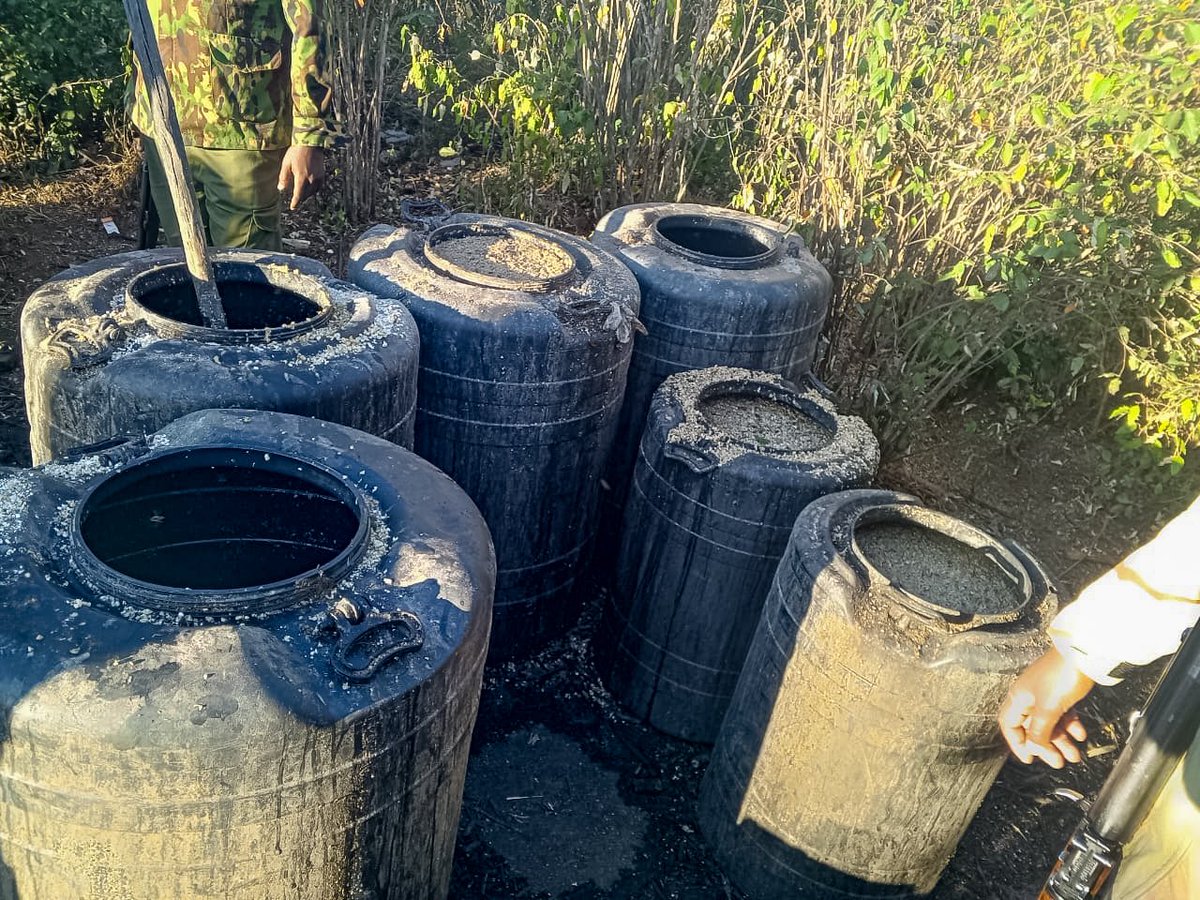 NPSOfficial_KE's tweet photo. 𝗠𝗨𝗟𝗧𝗜-𝗔𝗚𝗘𝗡𝗖𝗬 𝗖𝗥𝗔𝗖𝗞𝗗𝗢𝗪𝗡 𝗢𝗡 𝗜𝗟𝗟𝗜𝗖𝗜𝗧 𝗕𝗥𝗘𝗪𝗦 𝗖𝗢𝗡𝗧𝗜𝗡𝗨𝗘𝗦 𝗜𝗡 𝗟𝗔𝗜𝗞𝗜𝗣𝗜𝗔 𝗖𝗢𝗨𝗡𝗧𝗬

Efforts to curb the production, distribution and consumption of illicit alcoholic brews are continuing in Laikipia County, as a multi-agency operation targets illegal brewing activities and the networks sustaining the trade.

In the latest phase of the crackdown, the multi-agency team destroyed 2,700 litres of kangara and an assortment of distilling apparatus used in the manufacture of illicit brews.

The action forms part of sustained operations targeting illegal brewing establishments and the movement of illicit alcoholic products in the country.

The National Police Service continues to support these efforts and encourages members of the public to provide information that may assist in identifying such illegal operations.

Reports of any suspicious activities should be made at the nearest police station or through the emergency services: 999 or 911; or #FichuakwaDCI on 0800722203; or WhatsApp on 0709570000.