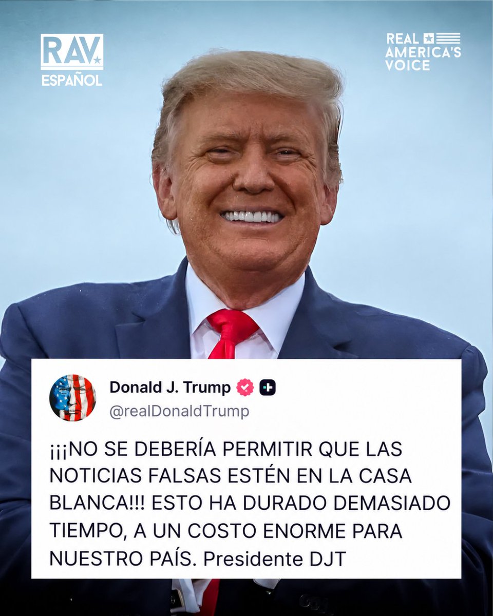 RAVEspanol's tweet photo. 🇺🇸 | @POTUS: ¡¡¡NO SE DEBERÍA PERMITIR QUE LAS NOTICIAS FALSAS ESTÉN EN LA CASA BLANCA!!! ESTO HA DURADO DEMASIADO TIEMPO, A UN COSTO ENORME PARA NUESTRO PAÍS. Presidente DJT https://t.co/U8nETXlyxo