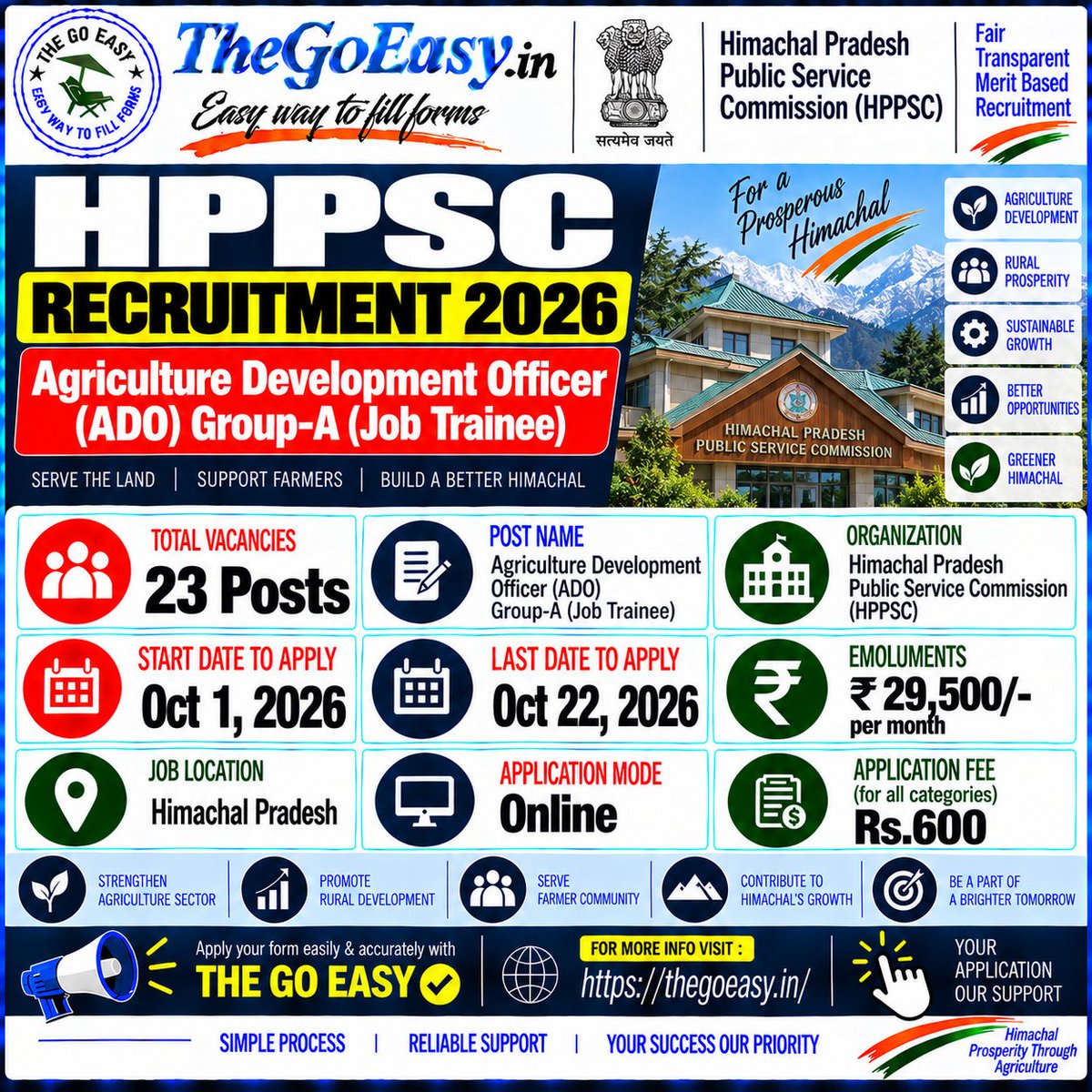 thegoeasy's tweet photo. 🚨HPPSC ADO Recruitment 2026 | 23 Posts
🌾Post: Agriculture Development Officer (ADO)
📍Location: Himachal Pradesh
💰Emoluments: ₹29,500/month
📅Start Date: 1 Oct 2026
📅Last Date: 22 Oct 2026
💳Fee: ₹600
💻Application Mode: Online
🔗For More:
🔗 https://t.co/Fi0kUIFufJ https://t.co/nctQGyunk4
