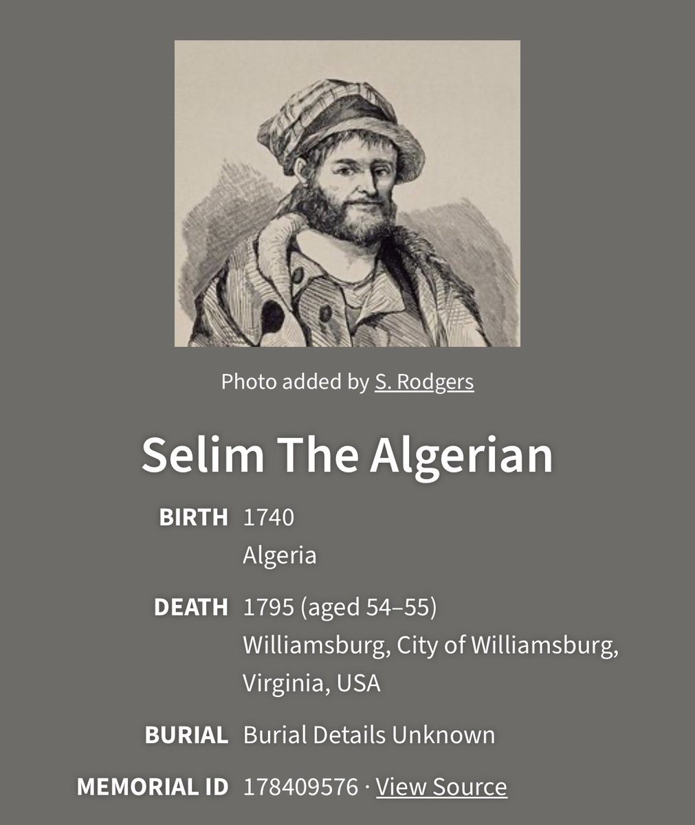 Terodotus's tweet photo. Yet another example of a North African brought into North American captivity was "Selim," who was taken prisoner aboard a Spanish privateer while en route from "Algiers" to Istanbul, where he was pursuing his education. The son of "wealthy and respectable parents," Selim was transferred to a French slaver and carried to New Orleans, where his status becomes unclear. Plausibility is an issue in that, after he was sent "up the rivers Mississippi and Ohio to the Shawnee towns" and left as a "prisoner of war with the Indians," he claims to have escaped and walked all the way to Virginia, where he was discovered hiding atop a tree "in a most wretched and pitiable condition" near the close of war between France and England in 1755, so-called Braddock's War. The story becomes even more curious in that, following his being provided a Greck New Testament and his subsequent conversion to Christianity, he returned to "Algiers" where he was disowned by his family as a result of his conversion. Some years later, Selim was found back in Virginia and “in a state of insanity,” with moments of lucidity. While the details are in question, his actual existence is supported by the preservation of his likeness by Charles Wilson Peale.

- Black Crescent: The Experience and Legacy of African Muslim in the Americas pp. 148-149