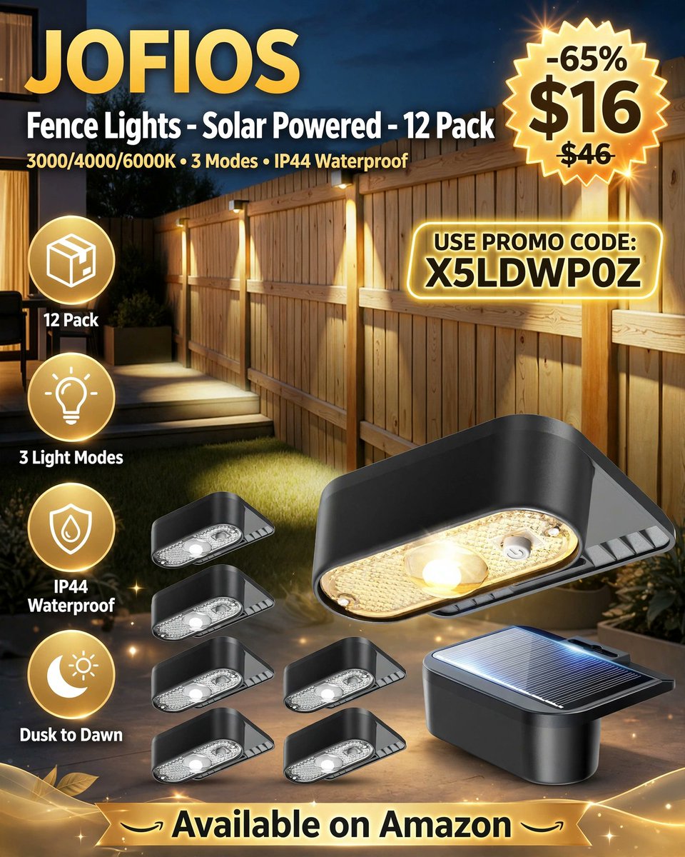 PrimesDeals's tweet photo. ☀️ JOFIOS Solar Fence Lights — 12 Pack ☀️

💡 3 Color Modes: 3000/4000/6000K
🔋 Solar Powered — Dusk to Dawn
💧 IP44 Waterproof Design
🏷️ Use Promo Code: X5LDWP0Z
💰 65% OFF — $16.00
🔗 Affiliate Link 👉 https://t.co/61NaEnugiZ