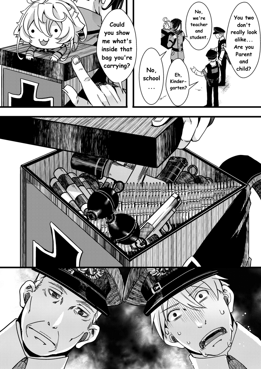 MrTeIevision's tweet photo. Chibi Tanya and Prof. Lehrgen getting stopped by the Police in the Isekai Timeline!

Fan translation of @harunaa453991's Doujinshi ^^

#youjosenki #幼女戦記

Part 1 https://t.co/02SQaR87Ne