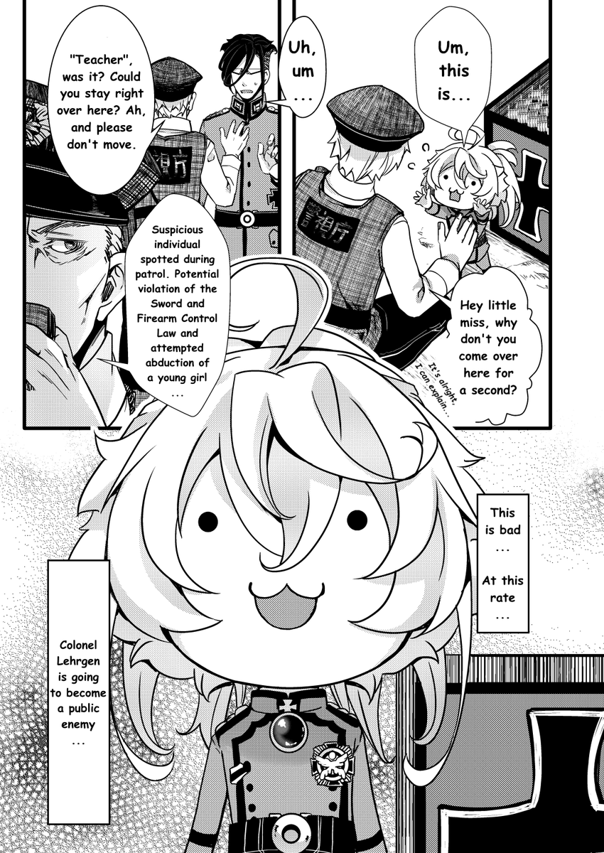 MrTeIevision's tweet photo. Chibi Tanya and Prof. Lehrgen getting stopped by the Police in the Isekai Timeline!

Fan translation of @harunaa453991's Doujinshi ^^

#youjosenki #幼女戦記

Part 1 https://t.co/02SQaR87Ne