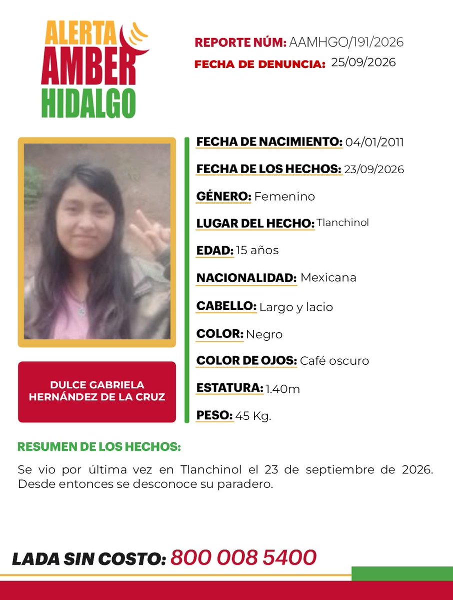 AAMBER_hgo's tweet photo. 🟡Solicitamos tu apoyo con la #DIFUSIÓN de la #AlertaAmberHidalgo para localizar a DULCE GABRIELA HERNÁNDEZ DE LA CRUZ. Si tienes información, comunícate al ☎️8009121314 PROCURATEL. #PGJEH #CadaSegundoCuenta #TuAyudaCuenta #ActuemosRápido. https://t.co/WgnGIl1vG8