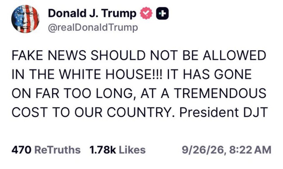 theblaze's tweet photo. Trump: “FAKE NEWS SHOULD NOT BE ALLOWED IN THE WHITE HOUSE!!! IT HAS GONE ON FAR TOO LONG, AT A TREMENDOUS COST TO OUR COUNTRY.” https://t.co/129KsU2Ota