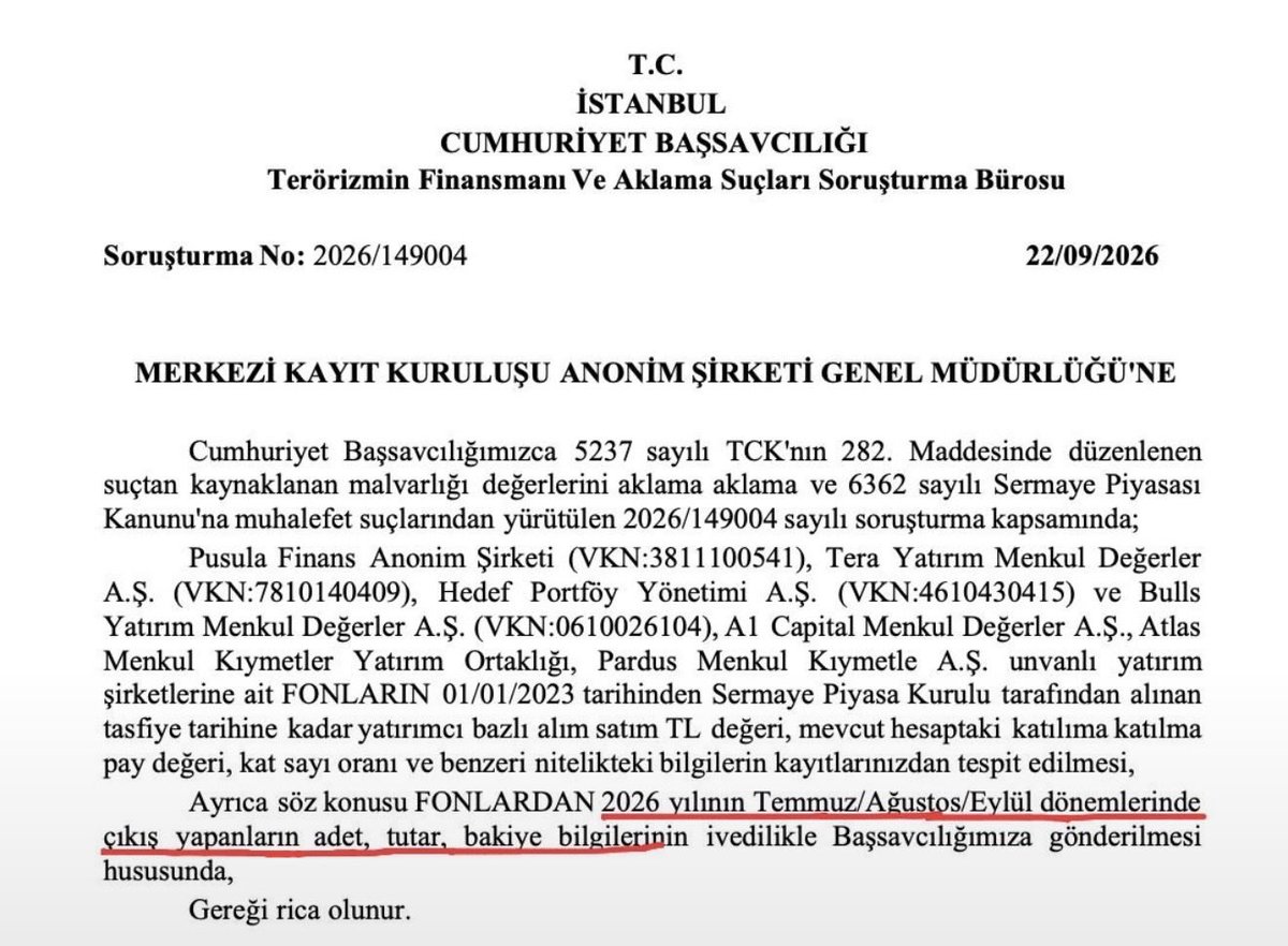 gizemakgul7's tweet photo. Savcılık, fon krizinden önceki 3 ayda fondan çıkanları tek tek inceleyecek. Temmuz, Ağustos ve Eylül 2026 çıkışları MKK’dan istendi. https://t.co/rInFilByxi