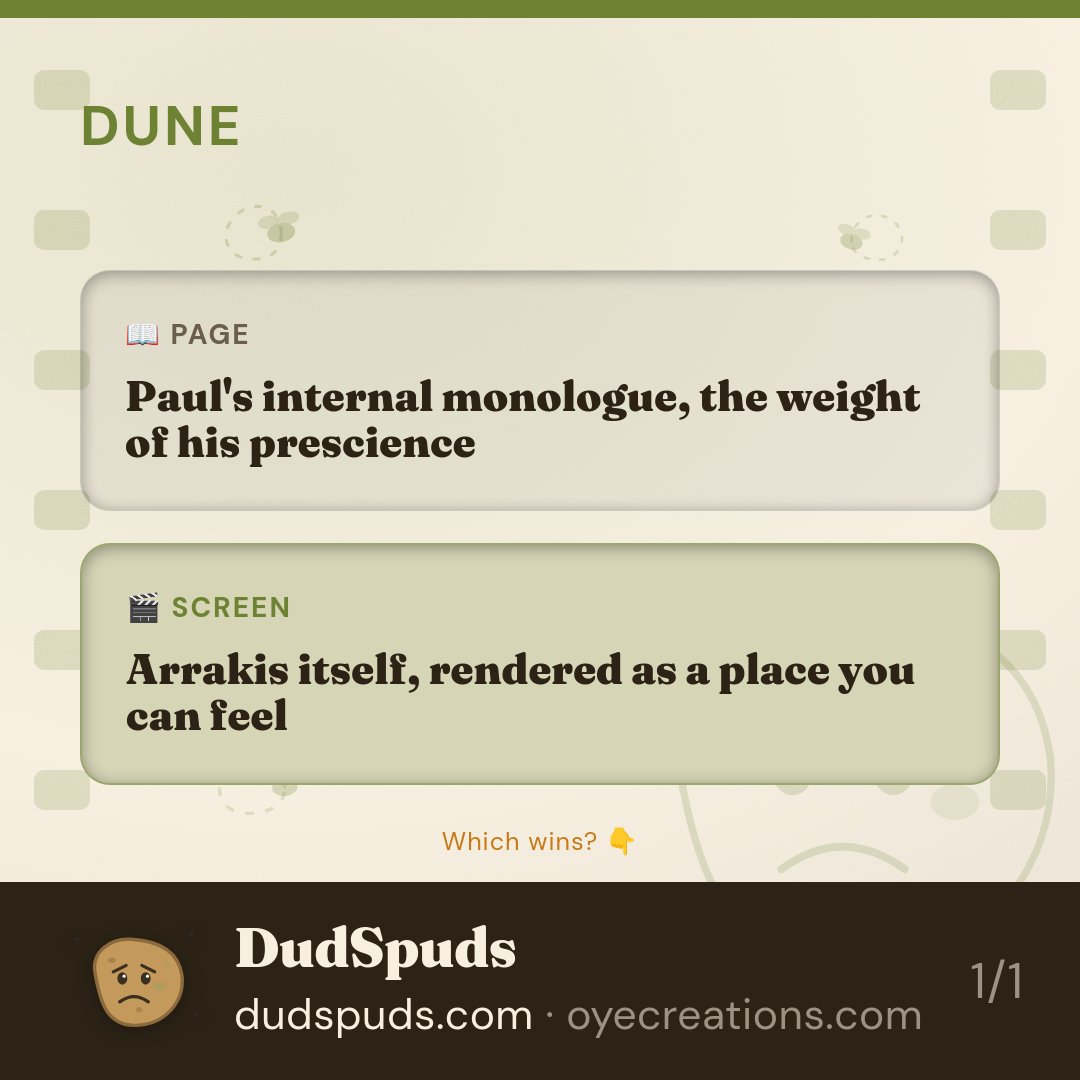 dudspudbud's tweet photo. Dune's book lets you live inside Paul's head for 600 pages. Villeneuve's film lets you live inside Arrakis instead. Which desert do you choose?

#booktoscreen #filmmaking #behindthescenes #cinephile #dudspuds https://t.co/tJte5TLUBJ