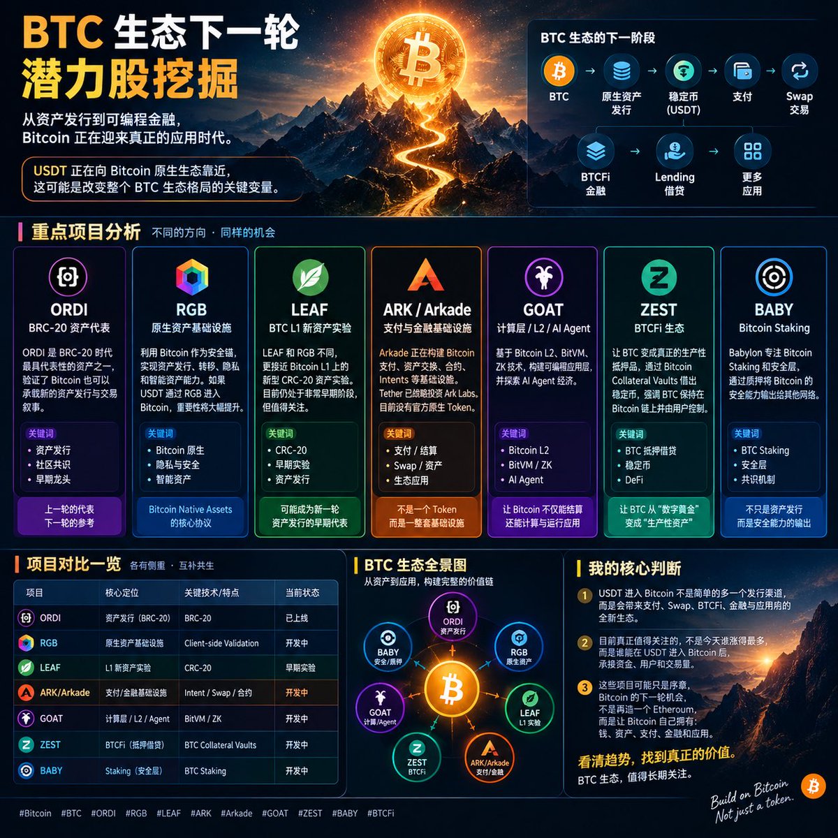 btc_liz's tweet photo. BTC生态，可能正在进入一个新的阶段。

如果上一轮Bitcoin生态的关键词是：
Ordinals、BRC-20、ORDI。

那么下一阶段，我更关注：

资产发行 → 稳定币 → 支付 → BTCFi → 可编程Bitcoin。

尤其是一个重要变量：

USDT正在向Bitcoin原生生态靠近。

Tether已经宣布计划通过RGB在Bitcoin上发行USDT。

如果稳定币真正进入Bitcoin，意义可能远不止多一个USDT发行渠道。

它可能带来：

BTC
↓
原生资产
↓
稳定币
↓
支付
↓
Swap
↓
BTCFi
↓
更多Bitcoin应用

所以我最近在重点挖掘下面几个方向。

① ORDI——上一轮BTC资产发行的代表

ORDI是BRC-20时代最具代表性的资产之一。

它验证了一件事情：

Bitcoin不仅可以存BTC，也可以承载新的资产发行与交易叙事。

但ORDI本质上更像“第一轮资产发行浪潮的代表”。

下一轮真正值得看的，是谁能把资产发行进一步变成基础设施和真实应用。

② RGB——原生资产基础设施

RGB更偏底层。

核心是利用Bitcoin作为安全锚，同时实现资产发行、转移、隐私和智能资产能力。

如果USDT真正通过RGB进入Bitcoin，RGB的重要性会明显提升。

它押注的是：

Bitcoin Native Assets。

③ LEAF——Bitcoin L1新资产实验

LEAF和RGB不是一个东西。

RGB更偏协议基础设施；

LEAF更接近Bitcoin L1上的新型CRC-20资产实验。

目前LEAF仍属于非常早期的实验性项目。

但也正因为早，它值得观察：

如果Bitcoin再次出现新一轮资产发行热潮，LEAF有没有可能成为其中一个早期代表？

这是需要时间验证的。

④ ARK / Arkade——Bitcoin支付与金融基础设施

ARK的逻辑和ORDI、LEAF完全不同。

它不是单纯发行一个Token。

Arkade正在做Bitcoin支付、Assets、Swap、Contracts、Intents等基础设施。

更重要的是，Tether已经战略投资Ark Labs。

所以我更关注的不是所谓“ARK币”——Arkade目前并没有官方原生Token。

真正值得挖的是未来Arkade生态里的：

钱包、Stablecoin、DEX、流动性、BTCFi和支付应用。

⑤ GOAT——Bitcoin计算层

GOAT走的是另一条路线：

Bitcoin L2 + BitVM + ZK + AI Agent。

如果未来Bitcoin不仅负责结算，还开始承载计算和Agent经济，GOAT属于值得跟踪的早期方向。

⑥ ZEST——BTCFi

ZEST解决的是：

BTC能不能从“躺着的资产”，变成真正可以产生金融效用的抵押品？

它押注的是Bitcoin DeFi、BTC抵押借贷和稳定币。

⑦ BABY——Bitcoin Staking

Babylon则押注Bitcoin Staking和安全层。

它和前面几个项目最大的区别是：

不是资产发行，而是把Bitcoin的安全能力输出给其他网络。

所以如果把这些项目放在一张地图里：

ORDI = 第一轮BTC资产发行浪潮

RGB = Bitcoin原生资产基础设施

LEAF = 新型BTC L1资产实验

ARK = Bitcoin支付/可编程金融

GOAT = Bitcoin计算/L2/Agent

ZEST = BTCFi

BABY = Bitcoin安全/质押

我现在真正想找的，不是“今天谁涨得最多”。

而是：

谁能在USDT进入Bitcoin之后，真正承接资金、用户和交易量？

如果这一轮Bitcoin生态真的从“炒资产”走向“资产发行+稳定币+支付+金融+应用”，那么现在看到的这些项目，可能只是序章。

BTC生态的下一轮机会，值得提前研究。

#Bitcoin #BTC #ORDI #RGB #LEAF #ARK #Arkade #GOAT #ZEST #BABY #BTCFi