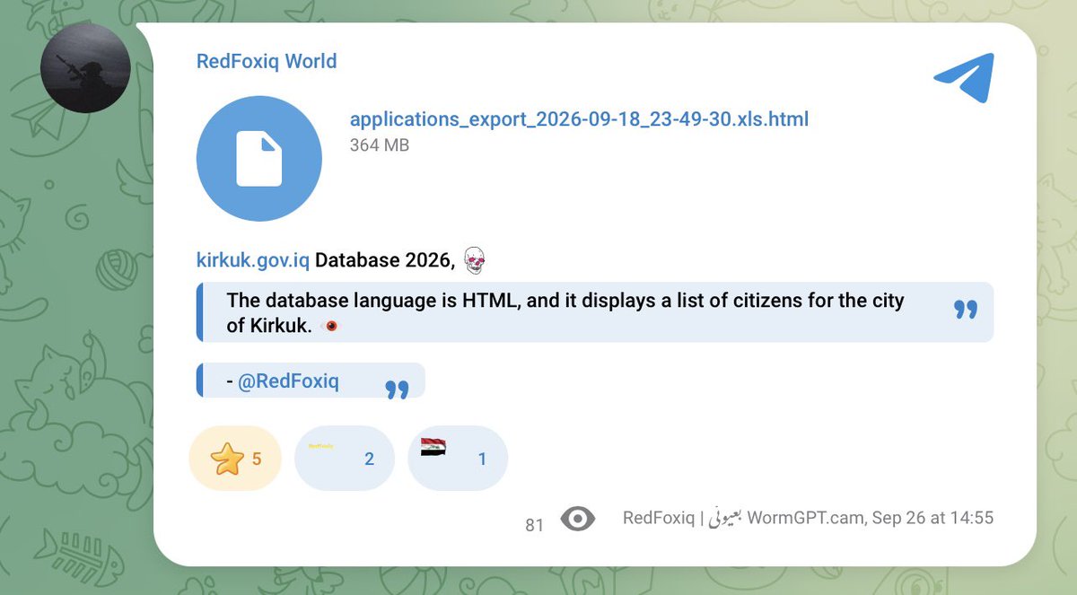 CyberPulse56's tweet photo. ‼️Cyber Threat Alert – Iraq 🇮🇶

Target: https://t.co/KJJQaAZPV3
Claimed Data: Citizen records
Dataset: applications_export_2026-09-18_23-49-30.xls.html — 364 MB
Threat Actor: RedFoxiq World
Status: Database allegedly leaked; claims remain unverified. https://t.co/CmQhrBnZbn