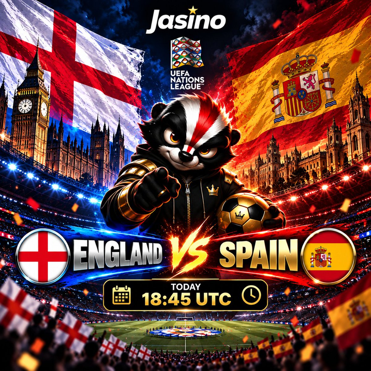 jasinoofficial's tweet photo. 🔥 ENGLAND vs SPAIN -  EUROPEAN GIANTS COLLIDE! 🏴󠁧󠁢󠁥󠁮󠁧󠁿🇪🇸

A huge night of international football! ⚽️🔥 England and Spain go head-to-head in a heavyweight European clash.

Who takes the win tonight? 👀 Drop your score prediction below! 👇 https://t.co/ljMWtJzlt7