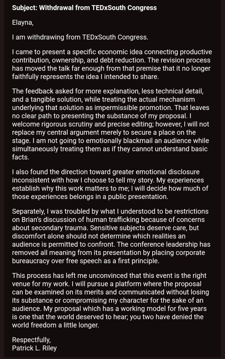 Acquired_Savant's tweet photo. Well, that was fun while it lasted.

My integrity is not, nor will it ever be for sale. I will be releasing the talk I was to deliver directly to my own YouTube.

#TEDx #TEDxSouthCongress #Austin #Entrepreneurship #Finance #FutureOfFinance https://t.co/OX8mMjVOfM