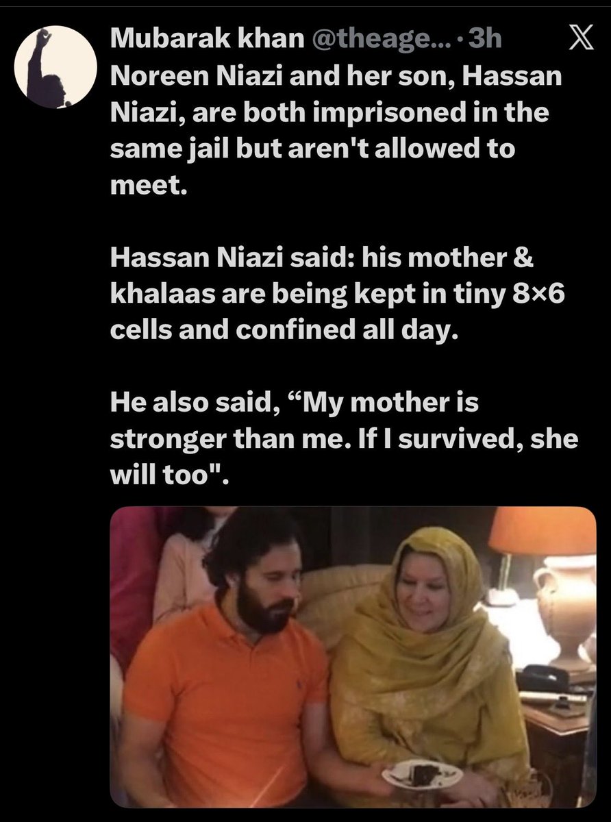 Uzmars01's tweet photo. Dear world,

According to some sources, @ImranKhanPTI’s sisters are on a hunger strike and haven’t eaten for the past 36 hours.

This is extremely alarming and also understandable. 

When there is no law and order, when one lives in a dictatorship, 

When one of you (@Aleema_KhanPK) is dragged along with your driver while running errands

When two of you are (@Noreen_KhanPK and @DrUzma_KhanPK) dragged from your homes in the middle of the night illegally by a gangster group who broke your bedroom doors to drag and take you away along with the rest of your family including little kids

When you know majority of the people in this regime’s control in jail has been given some kind of poison through food while in imprisonment…including and specially one’s own brother (@ImranKhanPTI) and his wife (#MrsBushraImran) 

Also sisters are being kept in tiny 8x6 cells, confined all day and not allowed any visitors

Do speak up for the way this family is mistreated over and over!

#نکلو_ڈٹ_جاؤ_خان_کیطرح 
#ہمارا_مارچ_ہماری_مرضی

#ReleaseAleemaKhanum 
#ReleaseNoreenNiazi 
#ReleaseUzmaKhan 
#ReleaseHassanNiazi 
#ReleaseMrsBushraImran 
#ReleaseImranKhan 
#ReleaseAllPoliticalPrisoners 

@MarioNawfal 
@mehdirhasan 
@zeteo_news 
@steve_hanke 
@georgegalloway 
@SkyNews 
@AJEnglish 
@ryangrim 
@DropSiteNews 
@Jemima_Khan 
@Kasim_Khan_1999 
@SHABAZGIL 
@MoeedNj 
@soulful7867 
@SohailAfridiISF 

@TIME
@TheEconomist
@WSJ 
@nytimes 
@BBCWorld
@washingtonpost 
@Reuters 
@AJEnglish
@CNNi 

@FCDOGovUK 
@10DowningStreet 
@StateDept 
@EU_Commission 
@amnestysasia 
@UNHumanRights 
@jeremycorbyn 
@yvonneridley

@amnesty 
@SkyNews 
@georgegalloway 
@MarioNawfal 
@mehdirhasan 
@zateo
@PiersUncensored 
@BorisJohnson 
@ryangrim 
@DropSiteNews