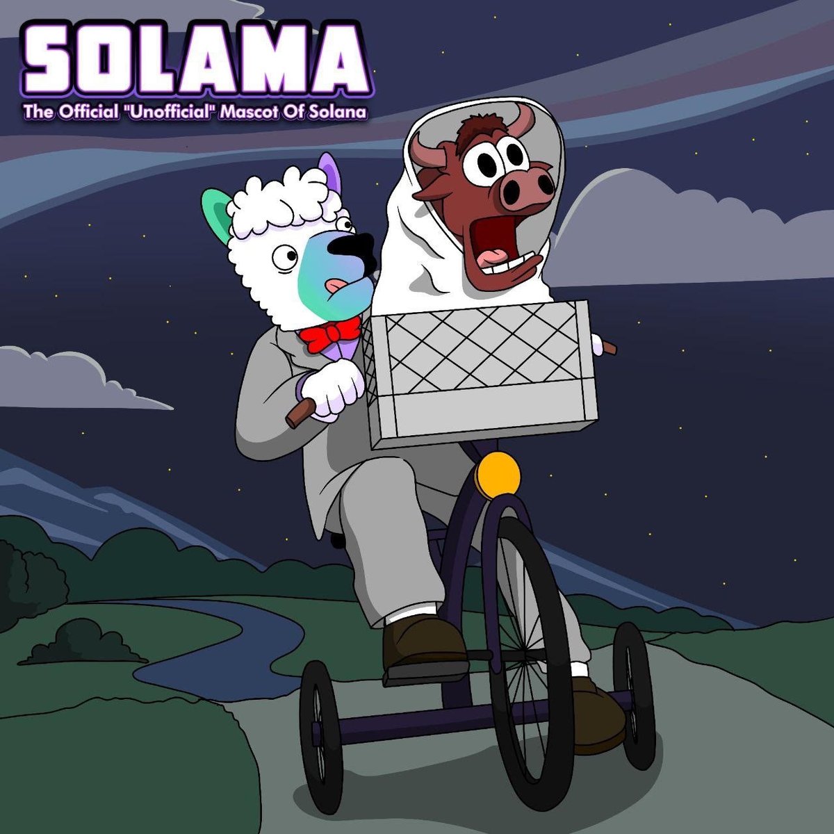 SolamaSPL's tweet photo. Solama is back on the bike, bow tie tight, blasting through the night sky with the bull in the basket!
The whole market is pedaling confidently. 
Bitcoin’s pushing. Alts are twitching! https://t.co/8d3GN0ZTrF