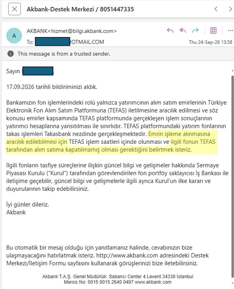 muhtarborsa's tweet photo. 🚨AKBANK DA İTİRAF ETTİ: "TEFAS KAPATMASAYDI SATIŞLARI İLETECEKTİK!"

📌Resmi belge ortada: Akbank, 17 Eylül satış emirleri için açıkça TEFAS'ı adres gösterdi: "Fon TEFAS tarafından kapatıldığı için işlem yapılamadı."

Garanti BBVA "Takasbank iptal etti" diyor, Aktif Bank logları yayınlıyor, Akbank "TEFAS kapattı" diyor!

Bütün bankalar suçu Takasbank ve TEFAS'a atarken, Takasbank neden susuyor? Yasal saatte ekran kapatıp halkın birikimini kilitleyenler hesap verecek!

Biz kendi hakkımızı savunmazsak kimse bizim yerimize savunmaz!  

📌CİMER, KDK, SPK, Bankalar, TBB, BDDK, e-Dilekçe ve tüm milletvekillerine tek tıkla şikayet gönderebileceğiniz güncel hazır metinler için platformumuzdaki şikayet sihirbazını kullanın:  https://t.co/U4fIbuNAMU 

#tly #thf #tmv #tp2 #pnu #fsu #doh #dfi #TeraMağduriyetiSonBulsun #fonmağdurları #FonMagdurlari #TefasMagdurlari #SPK #MehmetSimsek #TBMM #CIMER #KDK #DDK #FonMağdurları #TEFAS #Takasbank #Fibabanka #akbank #garanti

@55erhanusta
@cevdetakaychp
@spkgovtr
@Takasbank
@memetsimsek
@RTErdogan