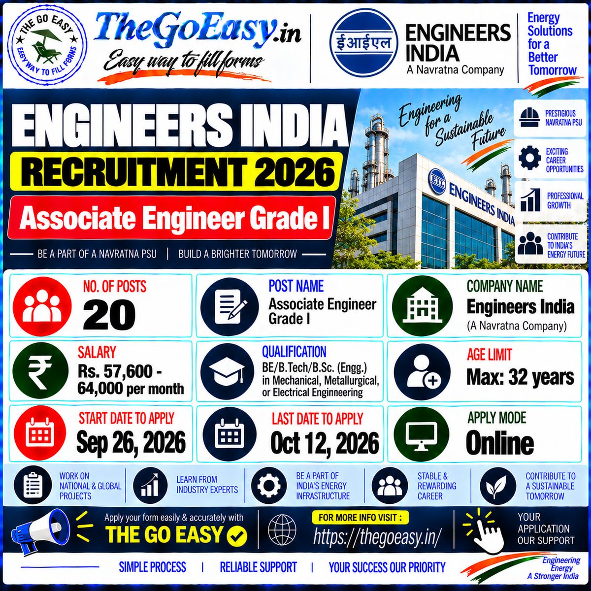 thegoeasy's tweet photo. 🚨 Engineers India Recruitment 2026 | 20 Posts
👨‍💻 Post: Associate Engineer Grade I
🎓 Qualification: BE/B.Tech/B.Sc. (Engg.)
💰 Salary: ₹57,600–₹64,000/month
🎂 Age: Max 32 Years
📅 Last Date: 12 Oct 2026
💻 Application Mode: Online
🔗 For More:
🔗 https://t.co/Fi0kUIFufJ https://t.co/zOeTr0qZLw