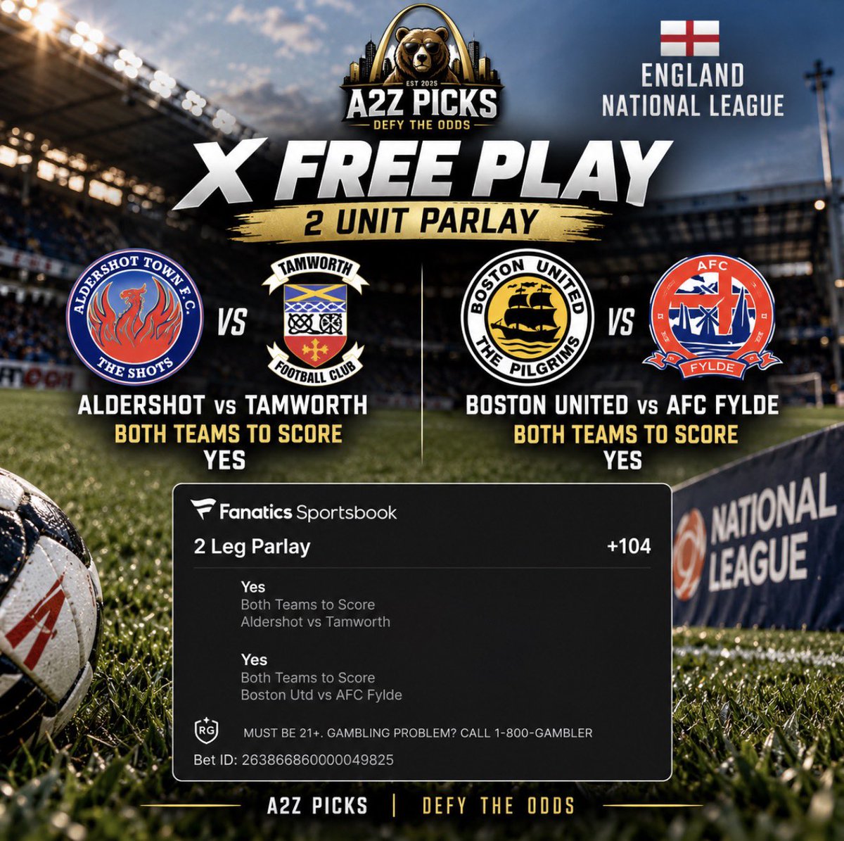 A2ZPICKS1's tweet photo. 🚨 X FREE PLAY ⚽️

🏴 England National League | 9 AM

🔥 2-LEG PARLAY | 2 UNITS | +104

⚽ Aldershot vs Tamworth — BTTS YES
⚽ Boston United vs AFC Fylde — BTTS YES

Early soccer to get Saturday rolling. Let’s cash it. 💰🔥

@A2ZPICKS1 | DEFY THE ODDS

#A2ZPICKS1 #SoccerPicks #SoccerBetting #FootballPicks #FootballBetting #NationalLeague #SportsBetting #FreePicks