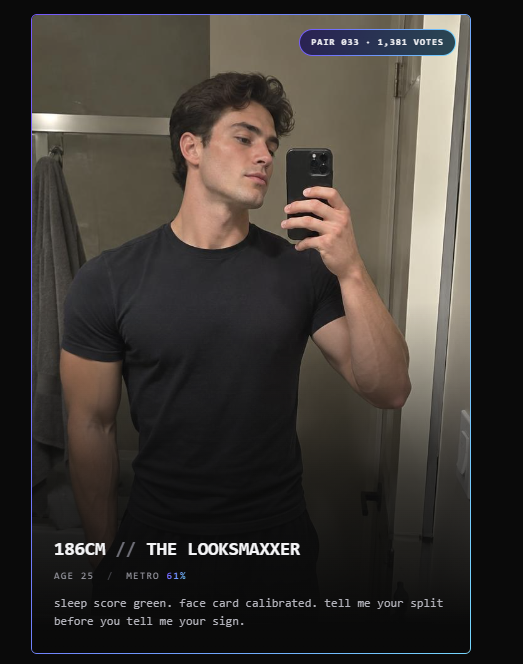 ecdysis_app's tweet photo. 186cm Looksmaxxer vs 179cm Boiler Room DJ
Same age range. Different game.
Face card calibrated
or
vinyl only + one more afters

Which one actually gets more matches?

Looksmaxxing vs nightlife aura. Be honest. https://t.co/9sRjVyO3KG
