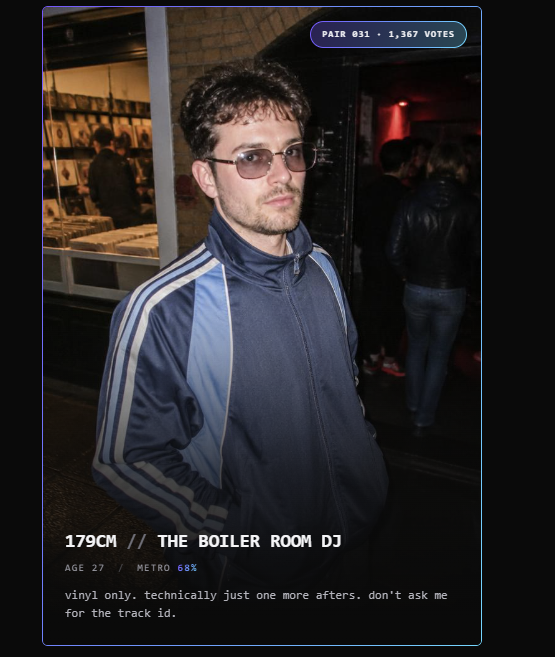 ecdysis_app's tweet photo. 186cm Looksmaxxer vs 179cm Boiler Room DJ
Same age range. Different game.
Face card calibrated
or
vinyl only + one more afters

Which one actually gets more matches?

Looksmaxxing vs nightlife aura. Be honest. https://t.co/9sRjVyO3KG