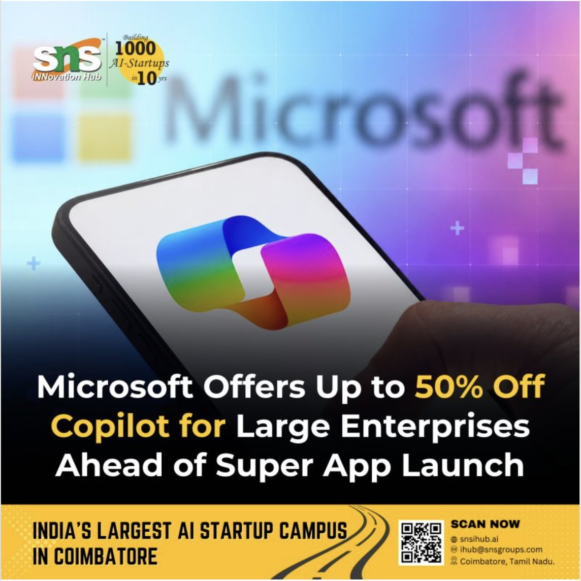 snsihub's tweet photo. @Microsoft  is offering up to 50% off Copilot for large enterprises, signaling a major push to accelerate enterprise AI adoption ahead of its Super App launch. 

#ai #microsoft #copilot #enterpriseai #snsihub https://t.co/8EHrrab4z9