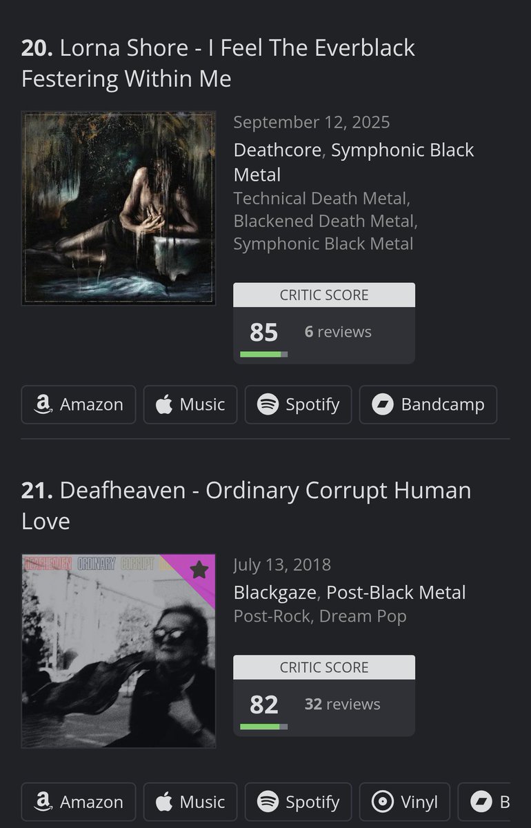 nightswimming04's tweet photo. I just took a look at the highest rated black metal albums on aoty and Jesus Christ that shitty site hates actual black metal it's all blackgaze and post metal 
Genuinely one of the worst list I've ever seen and is that Lorna shore https://t.co/Y5ZuxVor7o