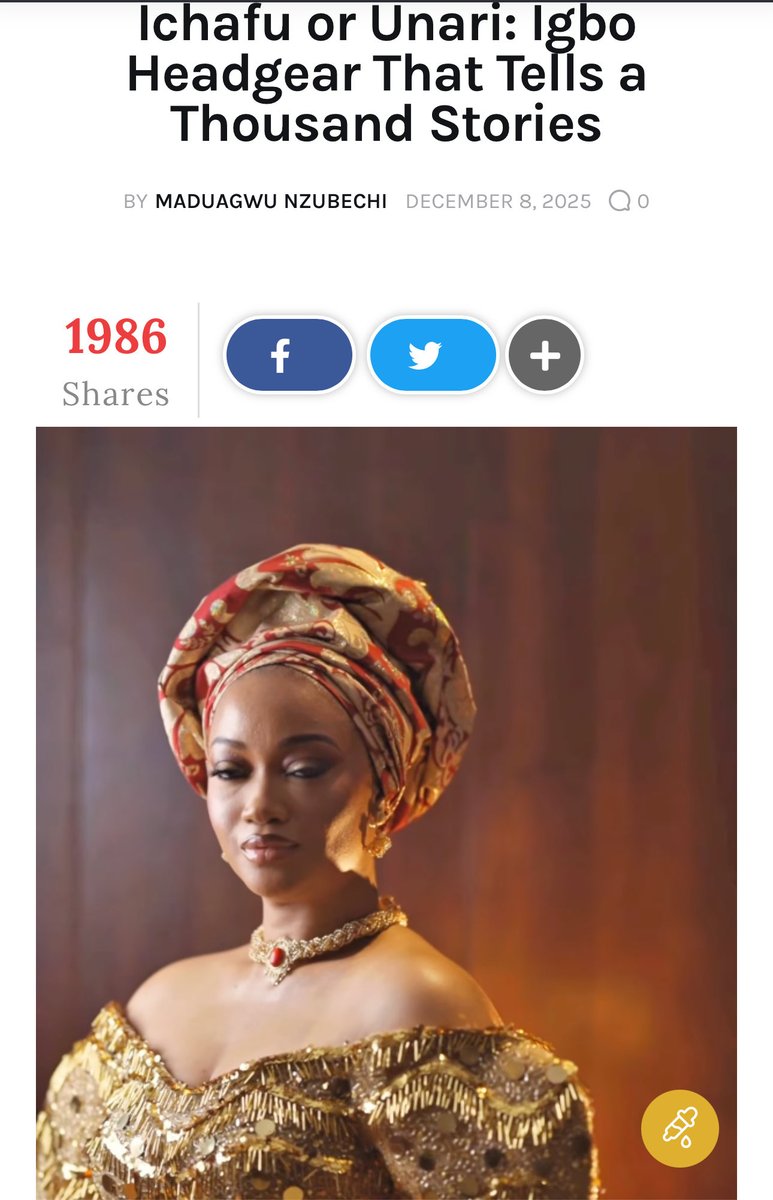 jcokechukwu's tweet photo. I C H A F U - HISTORY & ETYMOLOGY 

Before the widespread use of the term ‘‘Ịchàfụ̀’’, headgear in precolonial Igbo society was known by various names depending on dialect. These include Ụ́narị (also rendered as Ụ́nalị, Ụ́larị, or Ị́larị), as well as terms such as ‘‘aka-isi’’, ‘‘okaraisi’’, and ‘‘ihe-isi’’, all of which refer broadly to head coverings or headgear.

Etymology
The term Ịchàfụ̀ is a native Igbo compound noun derived from two verb roots:
•Ịchị – meaning “to gather”, “to bunch”, or “to collect”
•Ịfụ or Ịfọ – meaning “to wrap”, “to bind”, or “to enclose”
Together, they form the descriptive action phrase ‘‘Ịchị àfụ́ isi’’, meaning “to gather and wrap the head”. This reflects the physical process involved in creating the headgear.
In Igbo morphology, the prefix Ì- is used to nominalise verbs, forming concrete nouns from verbal expressions. Thus, ‘‘Ịchàfụ̀’’ refers to the object produced from the act of gathering and wrapping fabric around the head.

Headwrapping among Igbo women is widely regarded as indigenous [4][5]. Early accounts of Igbo women describe the head as being bound with cloth, often moderate or large in some settings, indicating established wrapping practices [6]. The 1913 anthropological work of Northcote Thomas documents expressions such as nsu n’isi (“head kerchief”) [3], demonstrating that specific terminology existed for head coverings well before the colonial peak.

Follow the links below for more:

https://t.co/v9z8fJfjlN

https://t.co/wKlHubGfdu