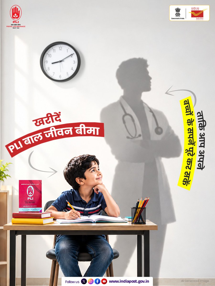 IndiaPostOffice's tweet photo. हर माता-पिता का सपना होता है कि उनके बच्चे के सपनों को मजबूत पंख मिलें।

आज ही खरीदें PLI बाल जीवन बीमा और अपने बच्चे के उज्ज्वल भविष्य की सुरक्षित नींव रखें।
क्योंकि सपने उनके हैं, उन्हें पूरा करने की तैयारी आपकी है।

पॉलिसी की तीन मुख्य विशेषताएं-

-  उच्च बोनस दर
- आसान प्रीमियम भुगतान
- 5-20 वर्ष की आयु के बच्चे पात्र

अधिक जानकारी के लिए विजिट करें :   https://t.co/tFPruxxon7

#IndiaPost #DakSewaJanSewa #BalJeevanBima