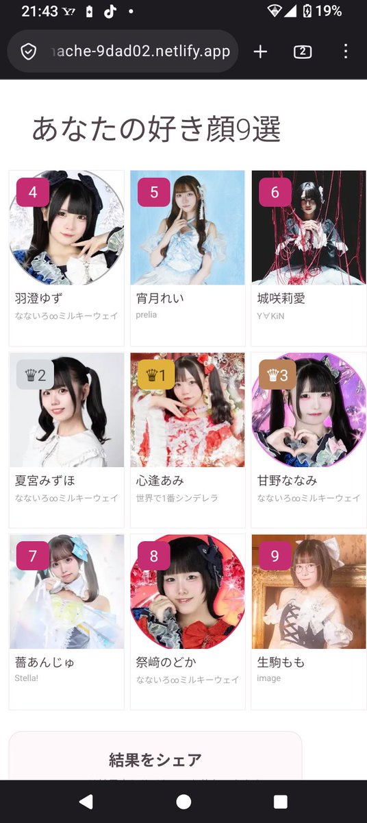MEGANE_WAI2's tweet photo. 私の『名古屋アイドル 好き顔9選』はこの9人でした！
1位 心逢あみ / 2位 夏宮みずほ / 3位 甘野ななみ

卒業生多いなぁ。
リスト内では心逢あみ断トツ。
わずかにその人の人間性から顔も好きになったパターンがありそう。

あなたもやってみて👇
#好き顔9選 #名古屋アイドル https://t.co/FrRGQeLIQr https://t.co/qNcFhwAAYe