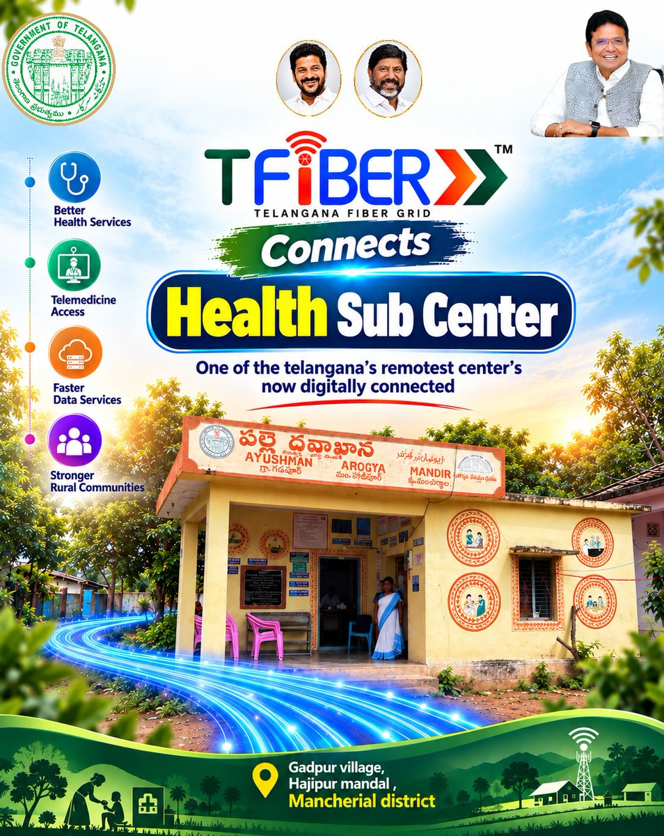 tfiberofficial's tweet photo. T-Fiber connects the Health Sub Center at Gadpur Village, Hajipur Mandal, Mancherial District - taking digital healthcare connectivity to the grassroots🚀⚡

T-Fiber | Connecting Care. Empowering Communities.

@revanth_anumula @Bhatti_Mallu
@OffDSB @anudeepd7  @MdTfiber 

#DigitalTelangana #ConnectedTelangana #RuralHealthcare  #tfiber