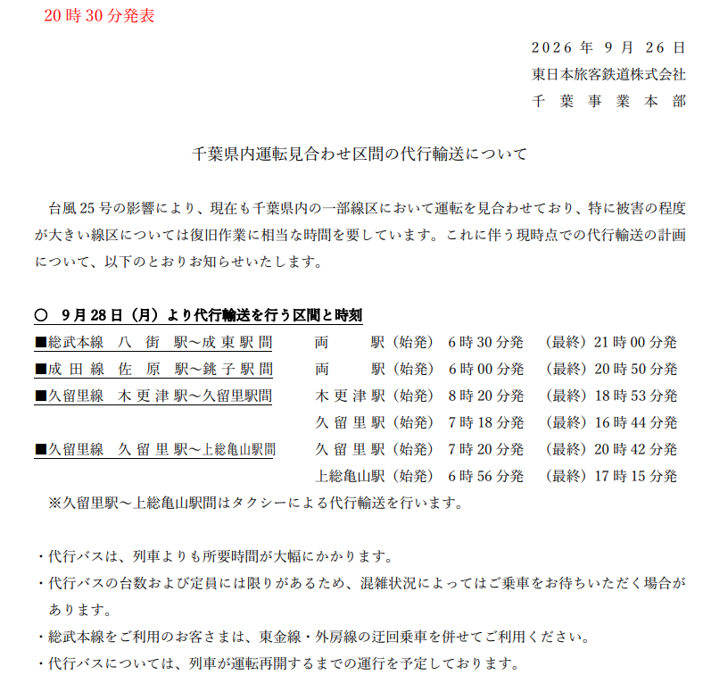 kumagai_chiba's tweet photo. JR東から総武本線（榎戸〜八街駅間）が27日始発から運転再開されるほか、各路線の代行バスについて発表がありました。
内房線については必要なバス台数が確保できるまでの間、代行バスの運転は取りやめるとのこと。

JR東には全力を挙げて頂いているものの、内房線の日々の乗客数を考えると相当数のバス台数の確保が必要であることは間違いありません。
また、アジア大会が現在開催中で、全国的にバス不足になっている等の事情もあると聞いています。

県から関東運輸局には、これまでの東京・神奈川・埼玉・茨城に加え、全国から可能な限り協力要請を頂くこと、貸切バス等の区域外搬送の災害特例を認める等のお願いをさせて頂いています。
復旧・代行バス運行等に尽力頂いているJR東の関係者、関東運輸局を始め、国交省には千葉に寄り添った対応を頂き、感謝しています。

秋の行楽シーズンでもあり、様々なニーズがある中で全国のバス事業者の方々に要請することは大変心苦しく思いますが、人々の生業にも直結することを考慮頂き、ご協力頂ければありがたく思います。