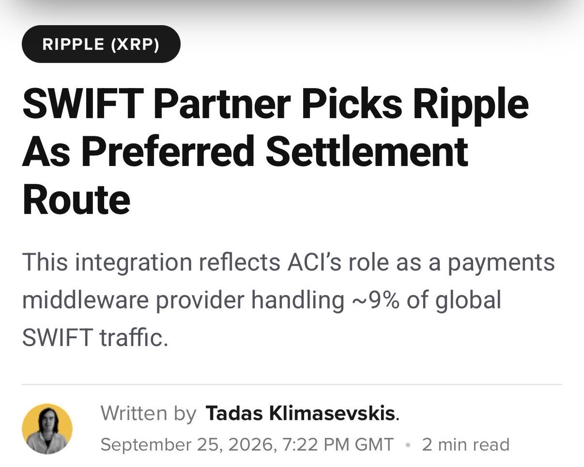 _Crypto_Barbie's tweet photo. 💥 WOW: SWIFT PARTNER ACI PICKS RIPPLE AS PREFERRED SETTLEMENT ROUTE! 🌐

ACI IS HANDLING ~9% OF GLOBAL SWIFT TRAFFIC! 🫨 https://t.co/zMi1r82nRT