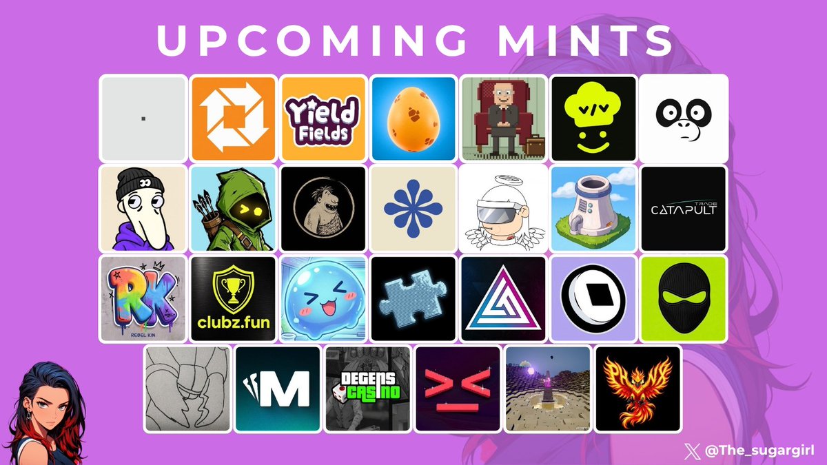The_sugargirl's tweet photo. UPCOMING MINTS

Hey Guys

Here are some interesting upcoming NFT mints I have my eyes on in no particular order.

Feel free to bookmark, like and RT to share with your friends❤️

1) @OneTo100Pixels by @imafckretard: MP TBA || 100 Supply

2) @unvault: Free Mint || 4444 Supply

3) @YieldFields_RH: MP TBA || 3333 Supply

4) @Pocket_Dragons_: Mint Details TBA

5) @themutualfun: MP TBA || 4001 Supply 

6) @meta_alchemist (Vibe Vibers): Free Mint || 10000 Supply

7) @OranguNation: Mint Details TBA

8) @fomoater: Free Mint || 3333 Supply

9) @hoojafun: 0.015 ETH || 4444 Supply

10) @EarlymenOrigins: MP TBA || 2222 Supply

11) @TheMotifArt: MP TBA || 2048 Supply

12) @KingAnt (AntHood): Free Mint || 1111 Supply
 
13) @overload_xyz: Mint Details TBA

14) @letsCatapult (Snurps): 0.0444 ETH || 4444 Supply

15) @therebelkins: Mint Details TBA

16) @clubz_fun (Chillionaires): Free Mint || 1111 Supply
 
17) @oshilabs: Free Mint || Supply TBA

18) @traceforms by @0xvesty: 0.0033 ETH || 7777 Supply 

19) @0xCyberThrone: Free Mint || 8888 Supply

20) @FomiesNFT: Free Mint || 10000 Supply

21) @ProjectShiesty: Free Mint || 3333 Supply

22) @ant_clubz: Free Mint || Supply TBA 

23) @PlayOnMint: Free Mint || 4444 Supply

24) @DegensCasinoRH: Free Mint || 2222 Supply

25) @Kokomojinft: 0.01 ETH || 3333 Supply

26) @mdv_btc (Accretion): 0.0033 ETH || 3333 Supply

27) @PHNXProtocol: 0.018 ETH || 888 Supply

Always NFA, DYOR.

Which interesting upcoming NFT mint(s) am I missing out?
