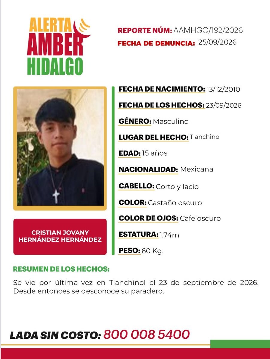AAMBER_hgo's tweet photo. 🟡Solicitamos tu apoyo con la #DIFUSIÓN de la #AlertaAmberHidalgo para localizar a CRISTIAN JOVANY HERNÁNDEZ HERNÁNDEZ. Si tienes información, comunícate al ☎️8009121314 PROCURATEL. #PGJEH #CadaSegundoCuenta #TuAyudaCuenta #ActuemosRápido. https://t.co/UDwc18OifW