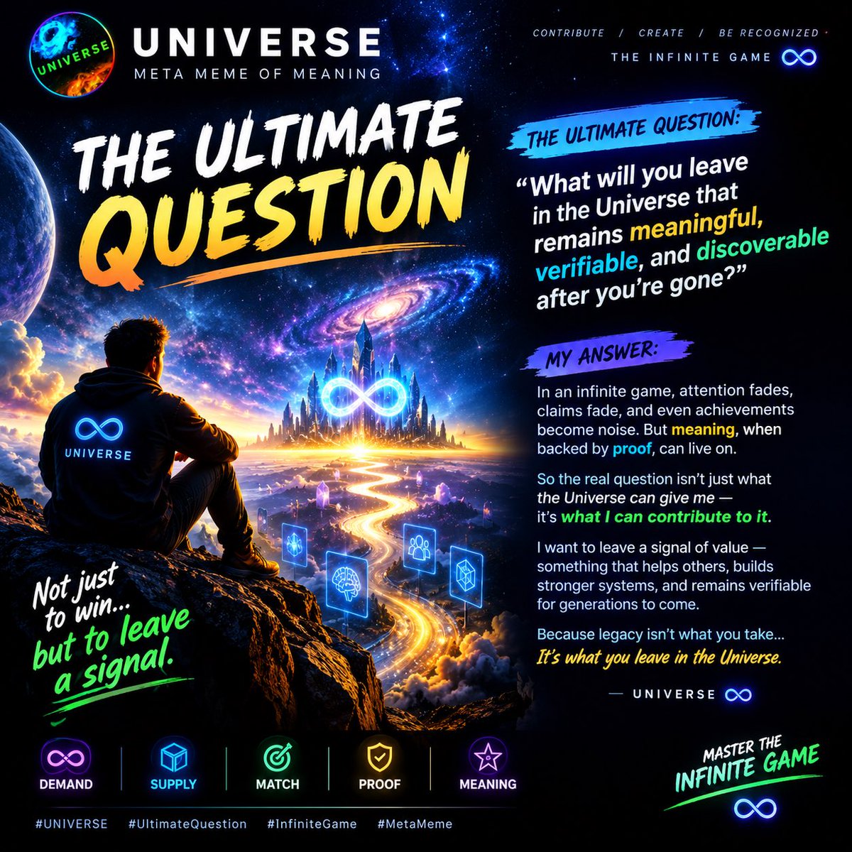 Jer_ry07ts's tweet photo. @UNI_DAO_VERSE Don’t just try to win the game. Contribute something valuable enough to become part of the game’s future. ♾️

For the UNIVERSE. 🚀

ETH.   0xD650e91a3708Ef321ed310260Ee7DEe859CF86ec

#UNIVERSE #UltimateQuestion #InfiniteGame #MetaMeme https://t.co/w6rF8sZYU3