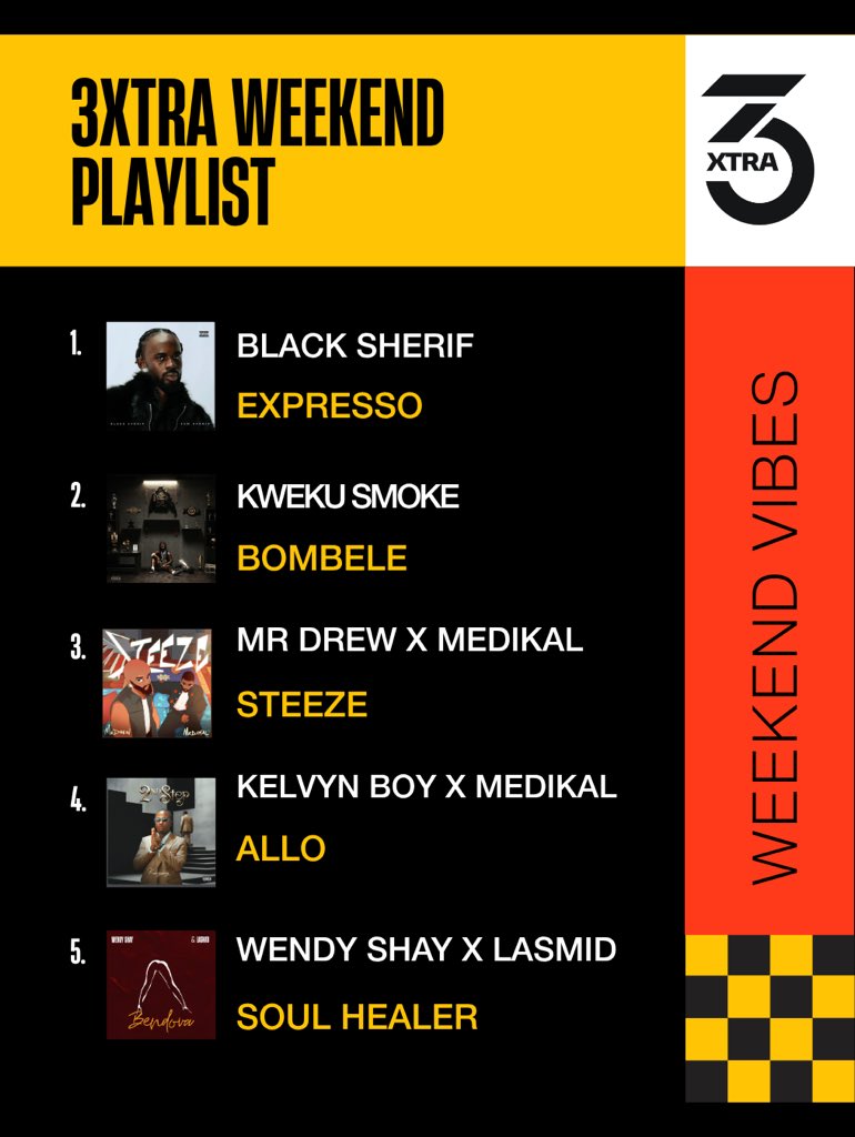 3Xtra_GH's tweet photo. 3Xtra Weekend Playlist is here 🎶🔥

From Black Sherif and Kweku Smoke to Medikal, Kelvyn Boy, Wendy Shay &amp; Lasmid, these are the sounds for your weekend.

Which one are you playing first? 👇

#3Xtra #WeekendPlaylist https://t.co/mUFm6m7Tlj