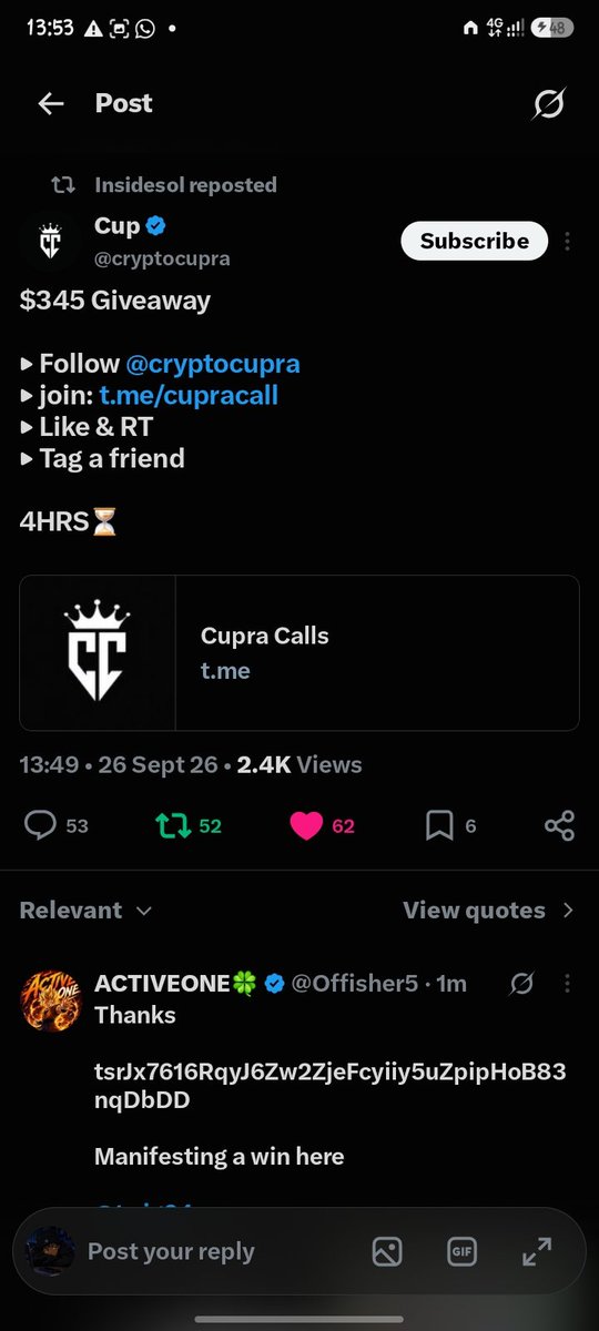 lamony001's tweet photo. @cryptocupra First win @cryptocupra 
Please notice me 🙏🏽 
@insidesol

8oBRopVL9MicGZKxTTa47E2pt8gdDpY4QoHcCWtsQf2N https://t.co/Jn0jpLiyLB