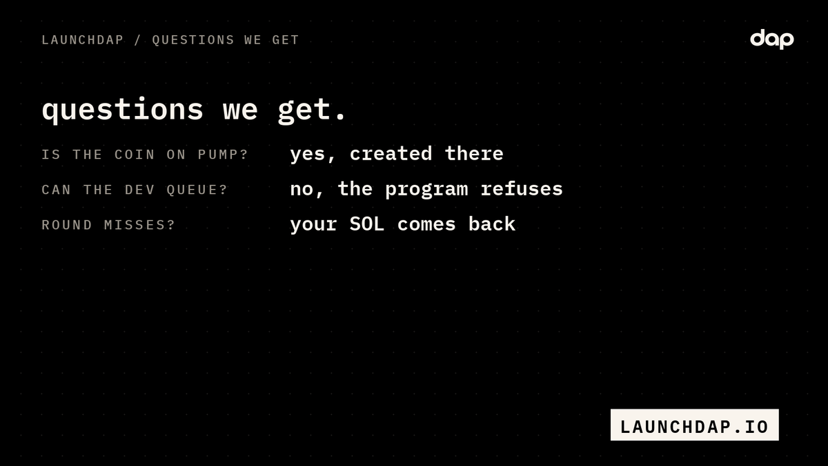 launchdap's tweet photo. questions we get:

is the coin a normal pump coin? yes, it's created on pump.
can the dev join the queue? no, the program refuses the opener.
what if the round misses its minimum? no coin, SOL back to every wallet. https://t.co/CgikmgoI03