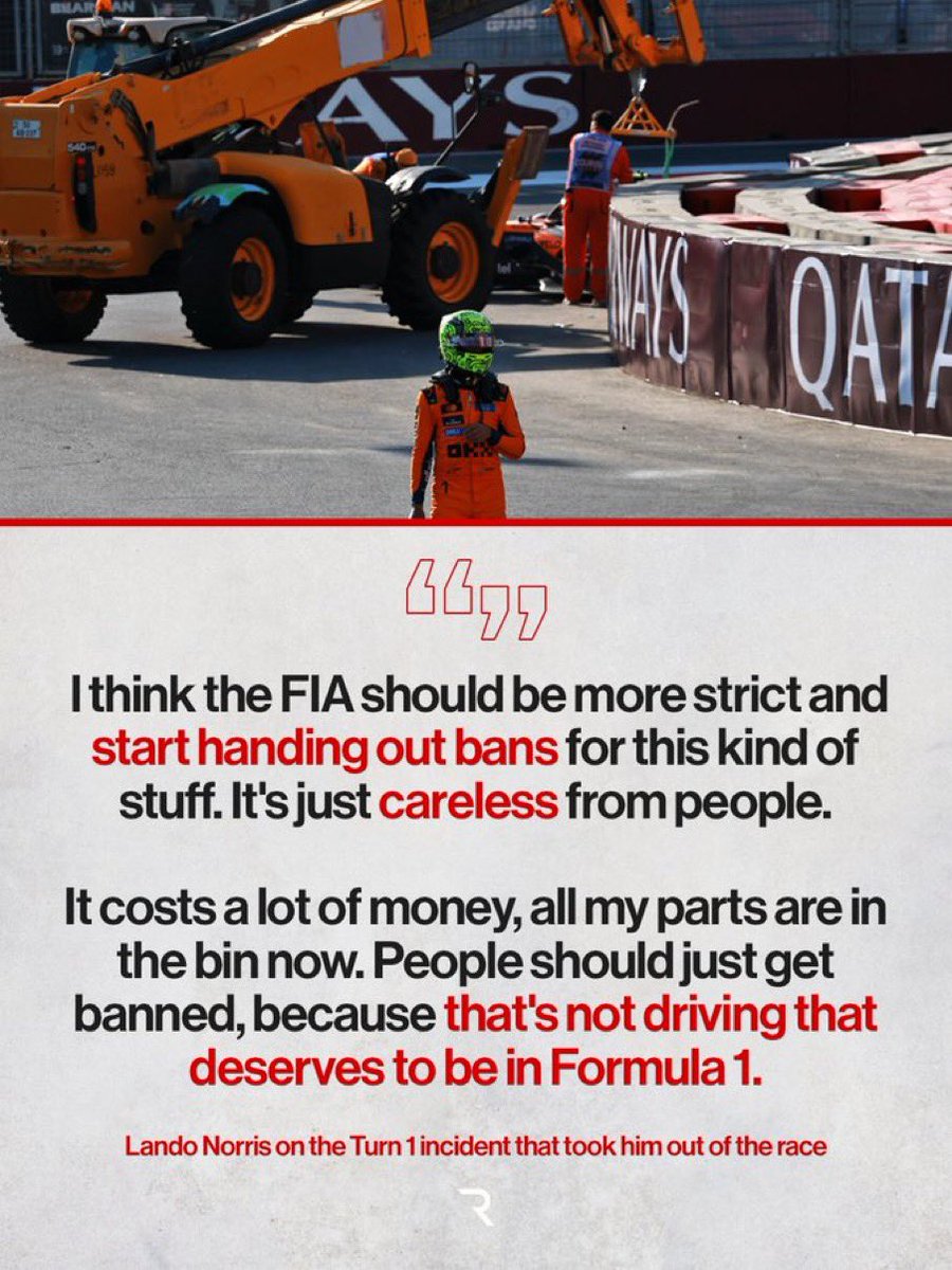 McLarenF1_News's tweet photo. 🗣️ Lando Norris on the Turn 1 incident:

“I think the FIA should be more strict and start handing out bans for this kind of stuff. It's just careless from people.”

“It costs a lot of money, all my parts are in the bin now. People should just get banned, because that's not driving that deserves to be in Formula 1.”

[via @wearetherace]

#AzerbaijanGP🇦🇿