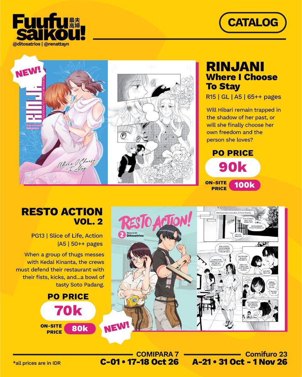 renattayn's tweet photo. [Share is appreciated]

I will be participating at #Comipara7 &amp; #CF23 with @DitoSatrios!
 
COMIPARA 7 Booth C-01;
CF 23 Booth A-21ab;
Pre-order date: 26 Sep - 16 Oct 2025;
URL: https://t.co/n7pbSwgKOY

Check out our PO form for details and samples!
#cf23catalogue #comifuro23 https://t.co/Q567UXJpeN