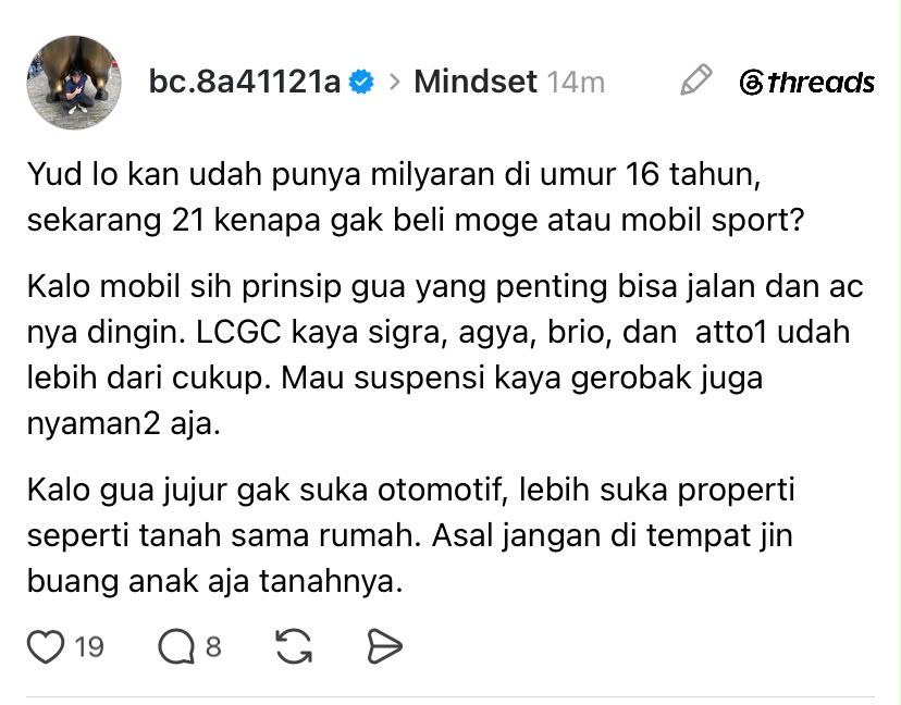 LambeSahamjja's tweet photo. mindset yudho anak purbaya:

dia gak mau pamer padahal punya milyaran dari umur 16 tahun

buat mobil yang penting bisa jalan dan ac dingin ga perlu mobil sport

pilih lcgc kayak sigra agya brio karena udah cukup nyaman buat dia

lebih suka investasi ke properti kayak tanah sama rumah daripada otomotif

pola pikirnya lebih ke prioritas fungsi dan aset jangka panjang bukan gaya hidup