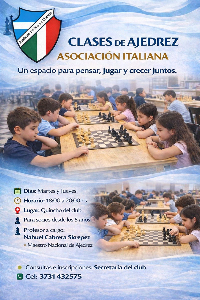 AsocItalianaCh's tweet photo. Ajedrez

Martes y Jueves en quincho del club desde las 18hs

Profesor Nacional Nahuel Cabrera Skrepez https://t.co/2sAOOclT5L