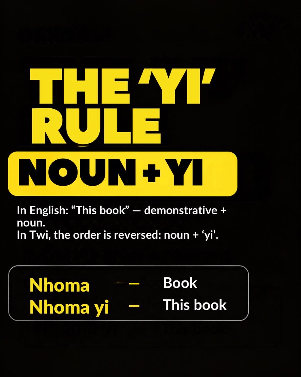 EfieApp's tweet photo. Learn Twi with Efie! 
Did you know “yi” means “this” and comes after the noun? Swipe to learn more!
#LearnTwi #TwiLanguage #LearnAkan #GhanaianLanguage #languagelearning https://t.co/mDbVTO2ffn