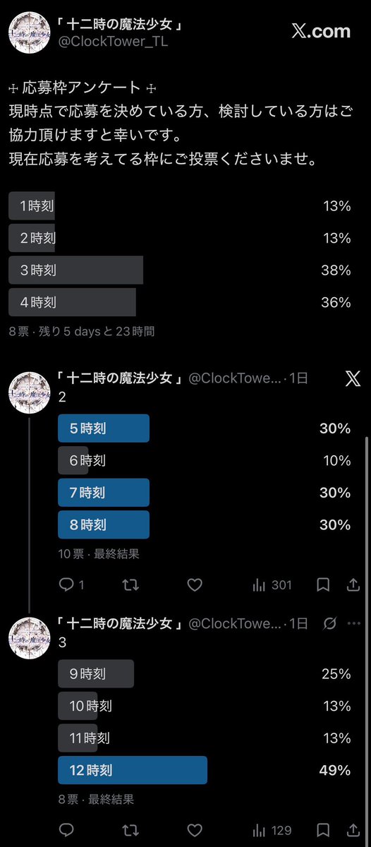 ClockTower_TL's tweet photo. アンケートのご協力ありがとうございました。

（不手際により1ポスト目と2、3ポストの締切に差が出た為、スクショにて結果を表示いたします）

よろしければキャラクター作成の参考にしてくださいませ。

 #時計塔_伝達 https://t.co/IRSb4W2fO2