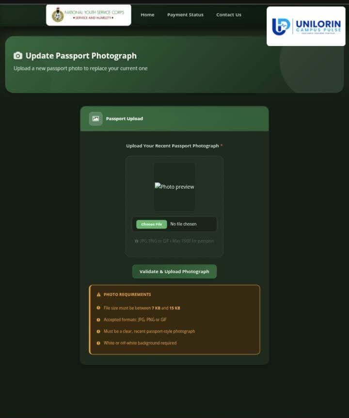 Campus__Pulse's tweet photo. REUPLOADING OF PASSPORT PICTURE

We've been receiving feedback from Prospective Corp Members concerning passport picture reuploading 

Kindly log in to your NYSC dashboard and confirm whether you have been instructed to re-upload your passport photograph.

If you receive the notification, please complete the re-upload before Monday morning to avoid last-minute pressure and possible delays.

Stay tuned for more updates 📍

UNILORIN CAMPUS PULSE
