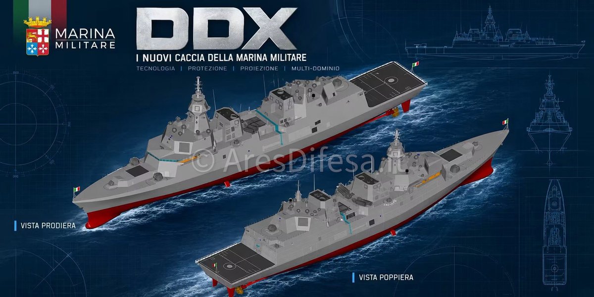 NichoConcu's tweet photo. Better look at the new Italian Navy DDX, armament consists of x3 Leonardo 76/62 cannons and x4 Lionfish 30's. 80 A50/70 VLS cells are also planned. Two units will be built and will be delivered in 2033 and 2035. https://t.co/bAq4jZlK8S