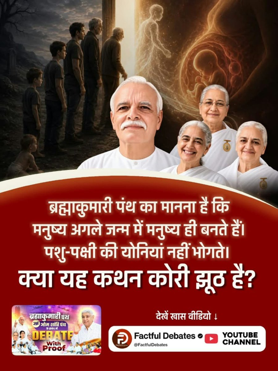 Bhikhamchandsa5's tweet photo. #SantRampalJiVsBrahmaKumaris
ब्रह्माकुमारी पंथ का मानना है कि मनुष्य अगले जन्म में मनुष्य ही बनते हैं। पशु-पक्षी की योनियां नहीं भोगते। क्या यह कथन कोरी झूठ है?
जानने के लिए देखें खास वीडियो Factful Debates YouTube Channel पर।
Debate On Factful Channel https://t.co/bc2j7QF7zk