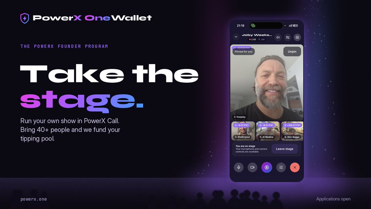 Powerxonewallet's tweet photo. 🏆 POWERX FOUNDER PROGRAM

Host. Grow. Qualify. Become a PowerX Founder. ⚡
PowerXone is introducing a new program designed to support hosts who are building real audiences inside PowerX Call.

👤 WHO QUALIFIES?
Host two PowerX Call shows with at least 40 verified attendees in each show.

✅ WHAT COUNTS AS A VERIFIED ATTENDEE?
A verified wallet that remains in the room for 10 minutes or more.

💰 THE GRANT
Qualifying shows can receive PX1 tipping credit, usable inside your own rooms only and exclusively for tipping attendees.

📊 GRANT TIERS PER SHOW
🥉 Tier 1: 49–99 attendees
🥈 Tier 2: 100–249 attendees
🥇 Tier 3: 250+ attendees

⭐️GET POWERX FOUNDER BADGE
After completing two qualifying shows, you unlock Founder status with:
🔹 Founder badge on your profile
🔹 Your show listed inside the app
🔹 Push notifications to followers when you go live
🔹 Priority support

🚀 Build your audience. Reward your community. Earn Founder status.

For application, read the next post attached below👇