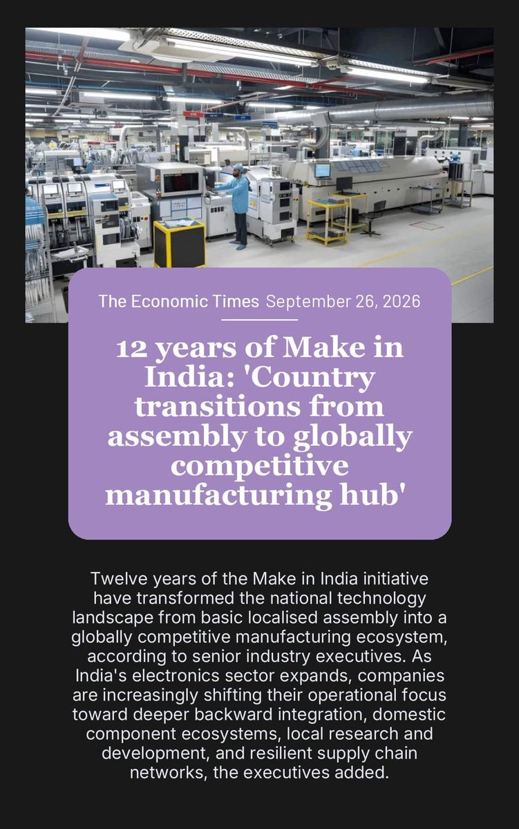 IndEmbMoscow's tweet photo. 12 years of Make in India: 'Country transitions from assembly to globally competitive manufacturing hub' 

https://t.co/MDMIvHiME6

via NaMo App
@PMOIndia @MEAIndia https://t.co/Y3AQF1ht8o